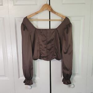 Womens Brown Silky Top Size SM Cropped Balloon Sleeves‎ Smocked Y2K Neutral